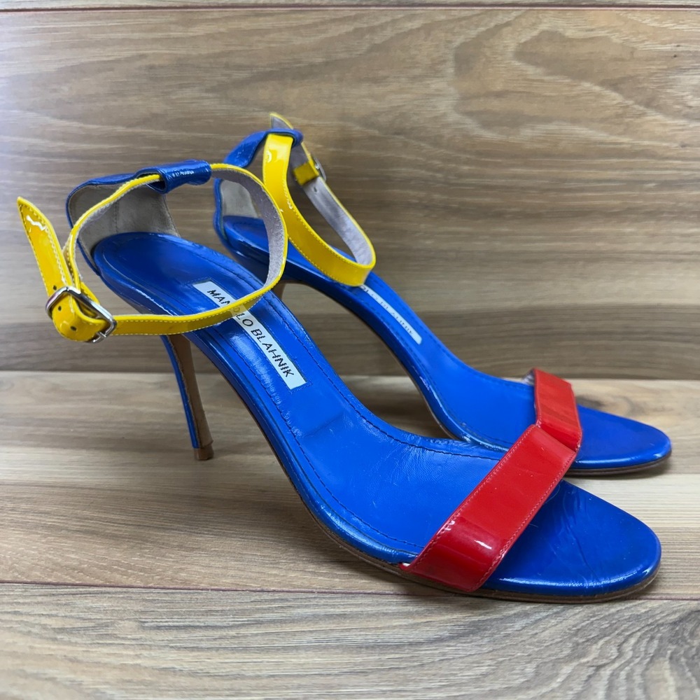 MANOLO BLAHNIK Chaos Heels 8 EU 38 Colorblock Blue Red Yellow Ankle Strap Sandal